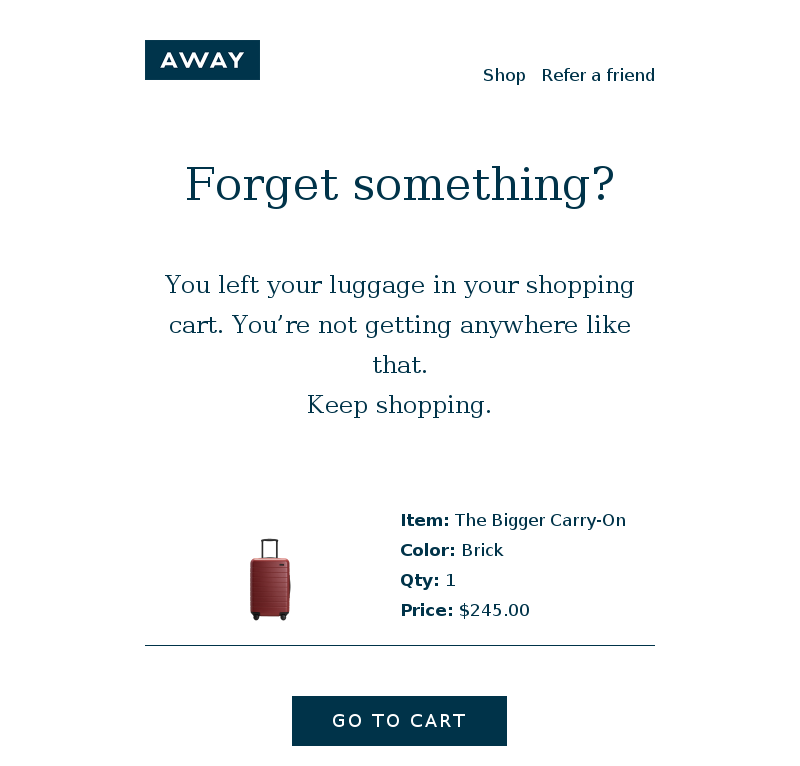 Cart abandonment email example Away