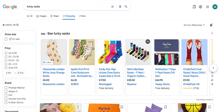 A search for funky socks on Google Shopping 