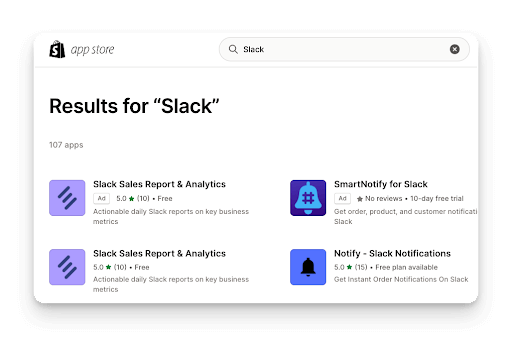 a search for slack in the shopify app store