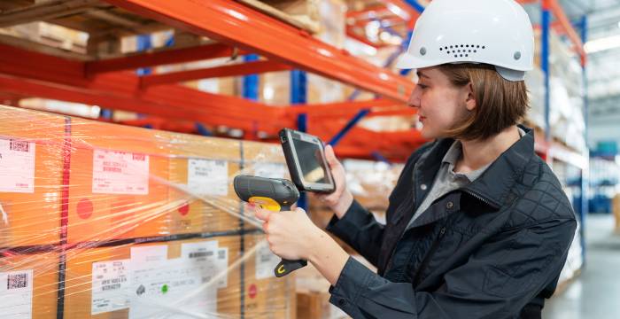 Warehouse worker auditing inventory
